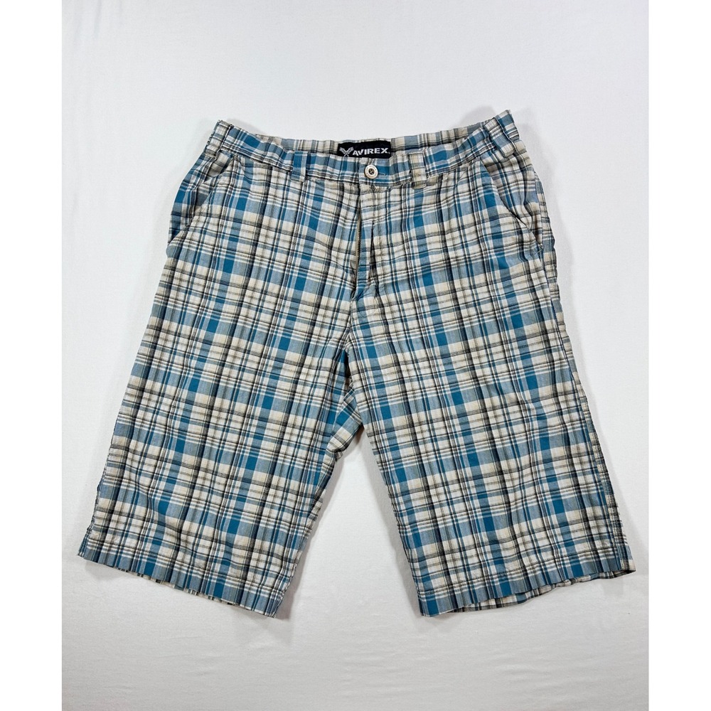 Avirex Mens Blue Plaid Cotton Cargo Shorts Size 34 Casual Summer Utility Pocket